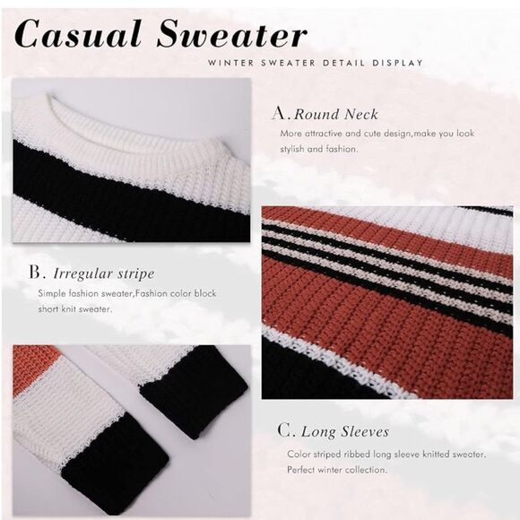 Color-Block Striped Knit Sweater - Black, White, Orange - Picture 9 of 9